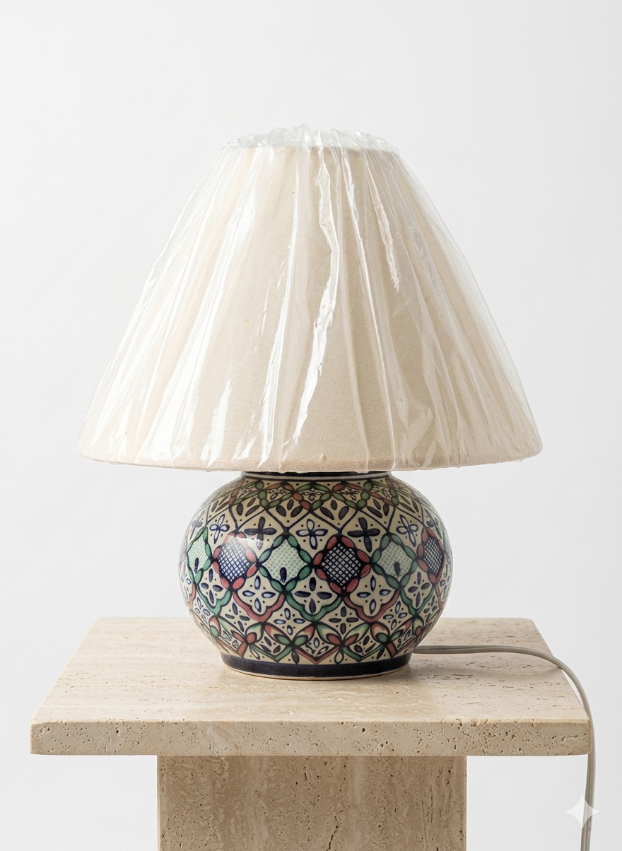 Close-up of hand-painted deep purple pattern on Bazaar ceramic lamp