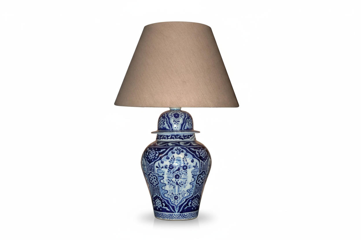 Tibor authentic Talavera ceramic lamp in classic blue and white, handmade in Puebla Mexico