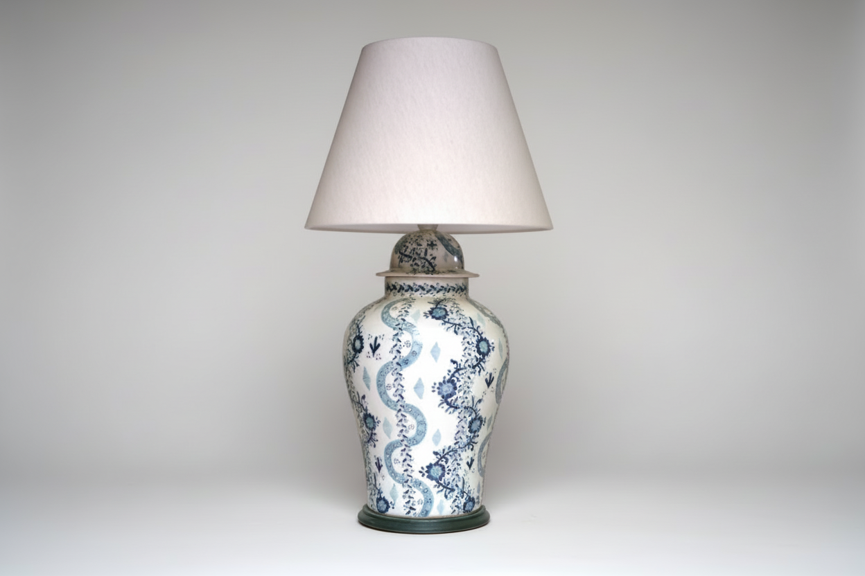 Tibor Blanco white Talavera lamp with hand-painted detailing, handmade in Puebla Mexico