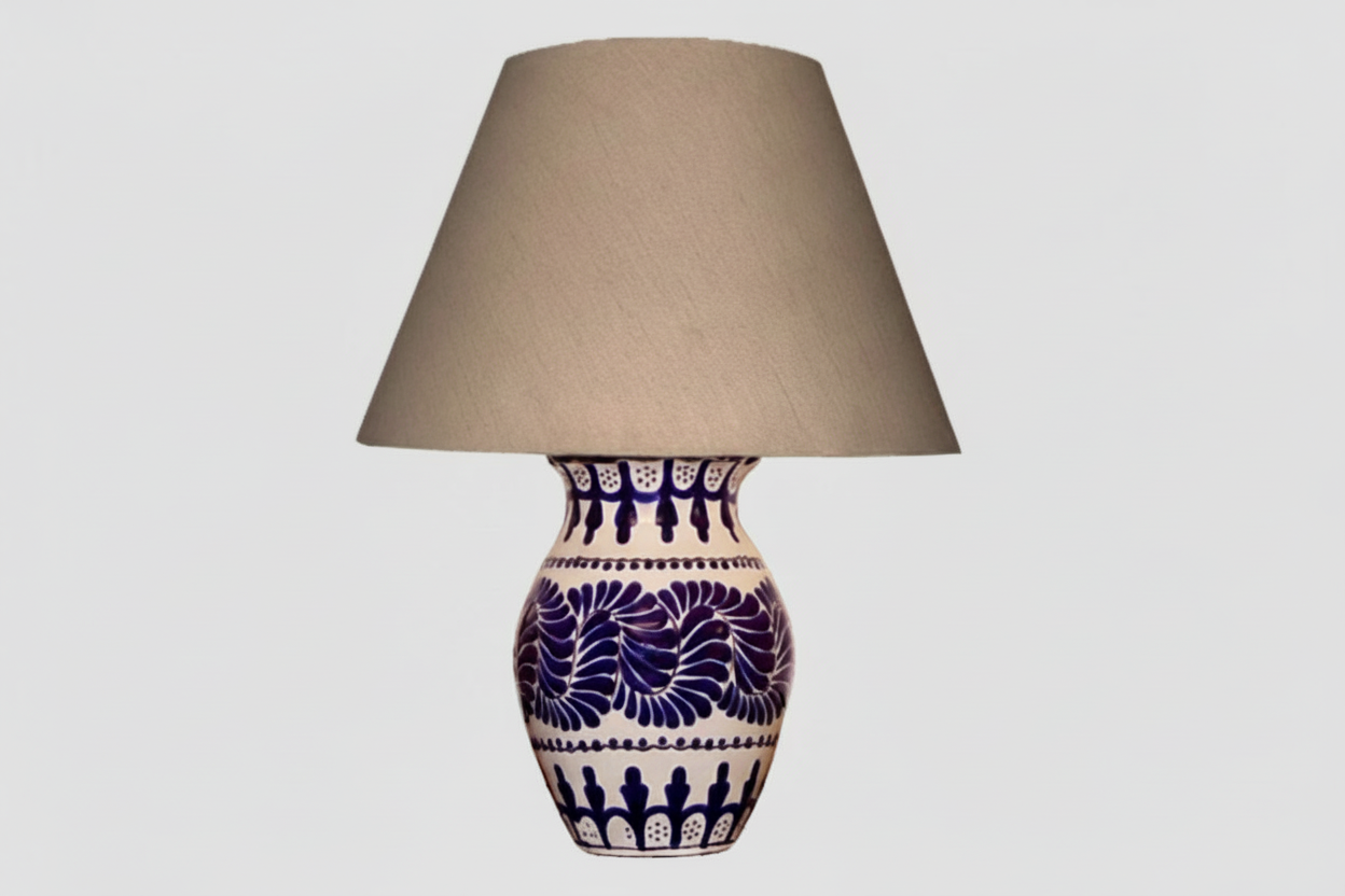 Florero Orlonado elongated Talavera lamp with botanical motifs, handmade in Puebla Mexico