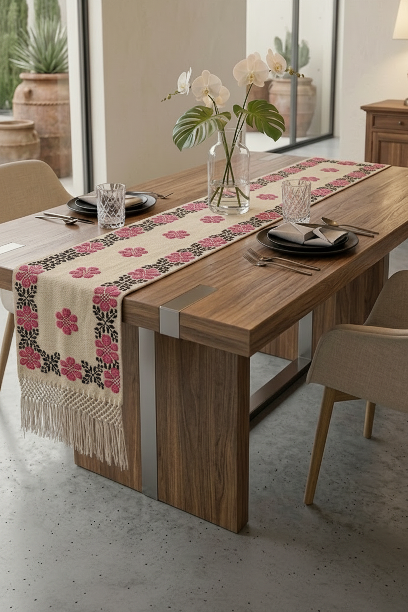 Camelia handwoven Mexican wool table runner styled on a dining table — Casa Maria