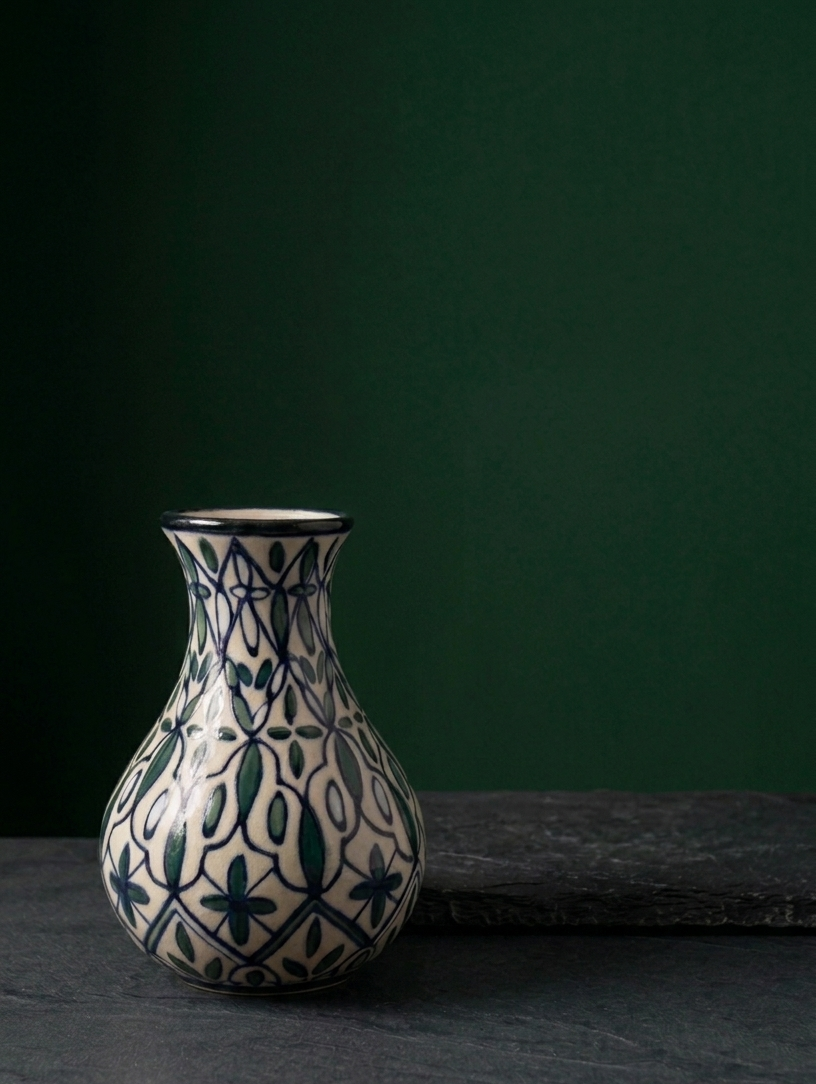 Ceramic vase with blue patterns on a dark surface and green background