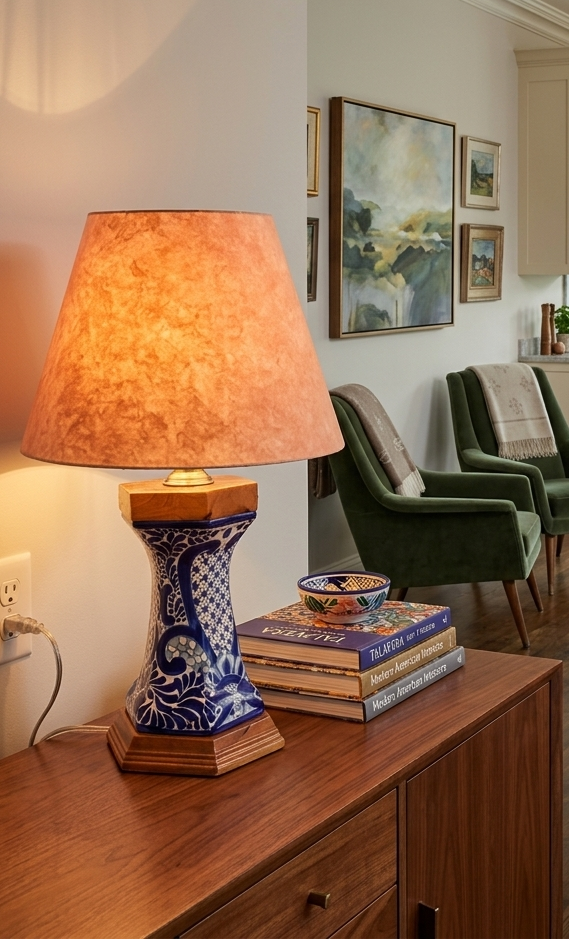 Candelero Hexagonal six-sided Talavera lamp with traditional motifs, made in Puebla Mexico