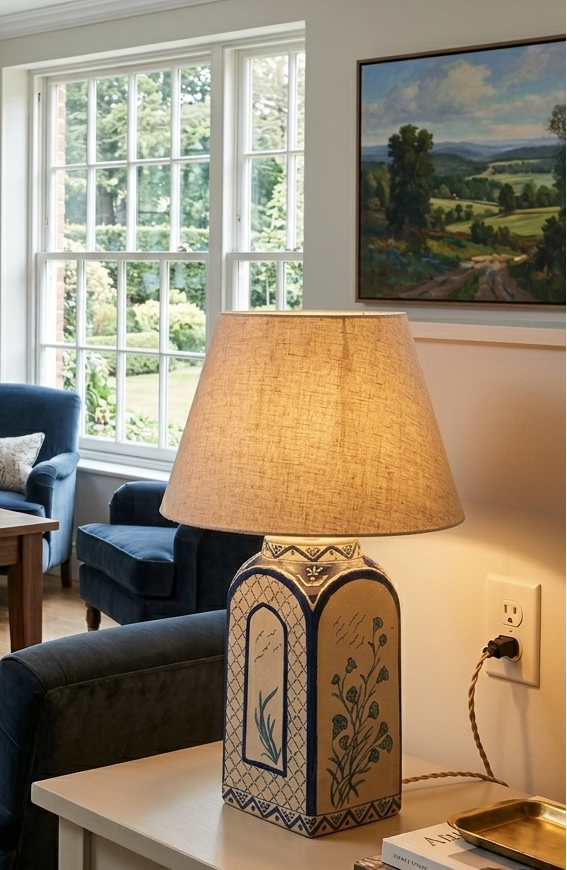 Frasco Prisma square Talavera lamp with bold hand-painted decoration, handmade in Puebla Mexico