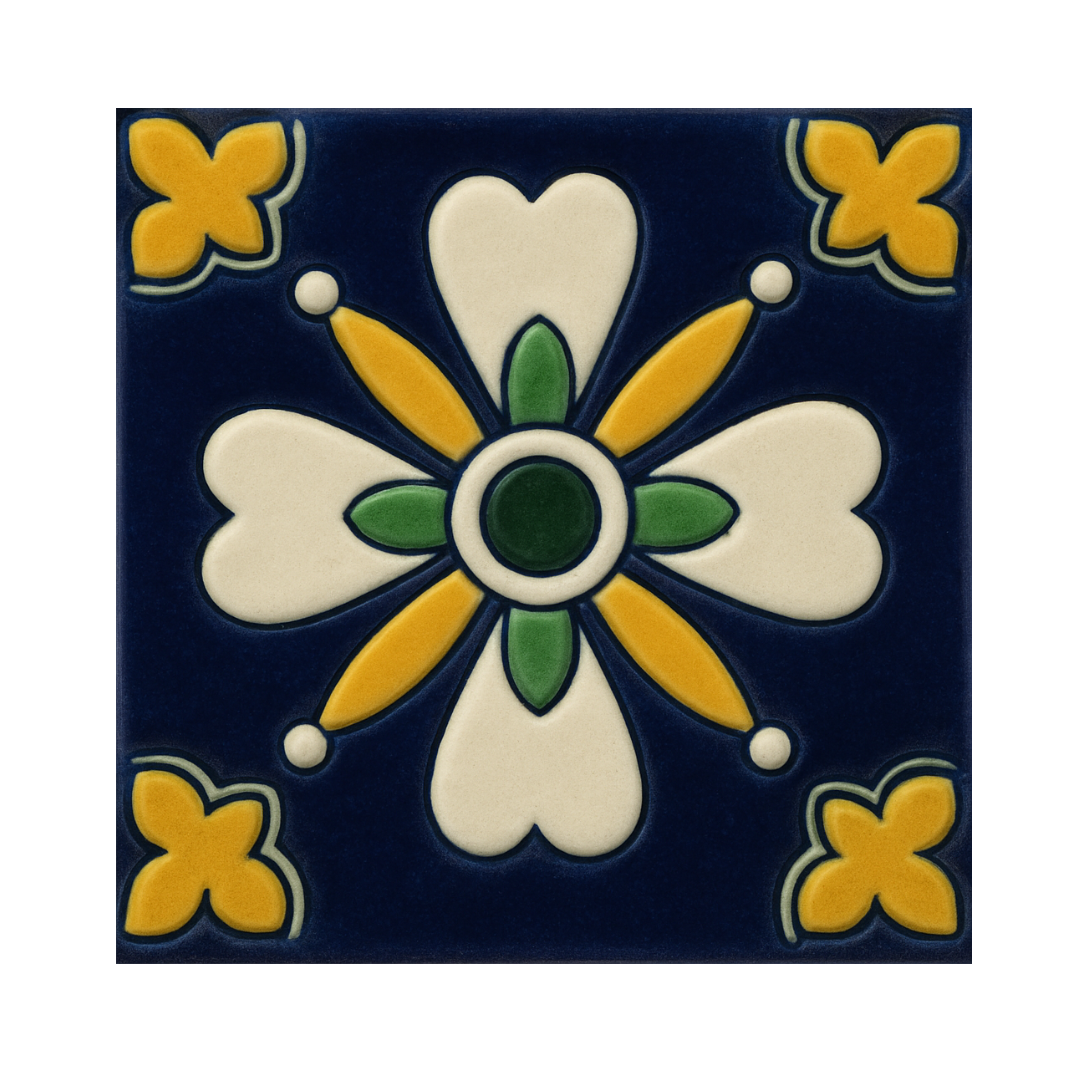 Hacienda Nightfall navy hand painted Talavera tile with green and yellow accents, Puebla Mexico