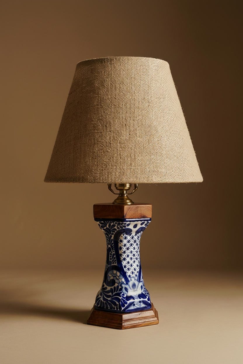 Hourglass six-sided Talavera lamp with traditional motifs, made in Puebla Mexico