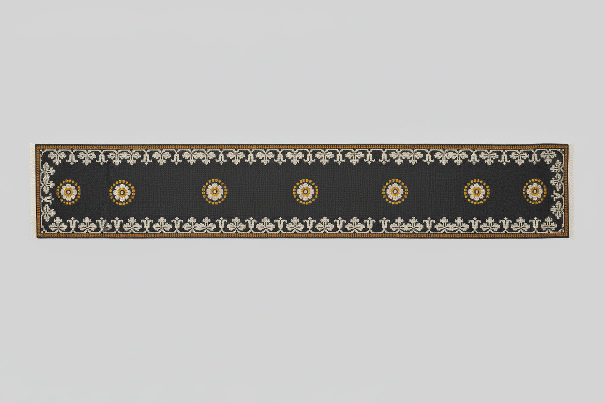 Kala handwoven Mexican wool table runner with bold colourful pattern, made in Mexico