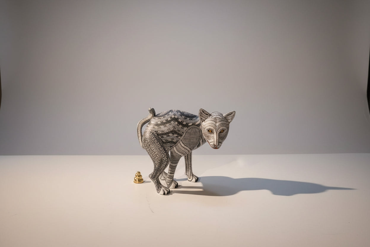 Hand-carved Oaxacan alebrije wildcat figurine, bold Mexican folk art made in Oaxaca Mexico