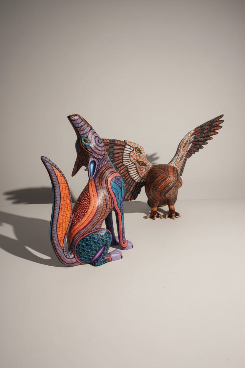 Hand-carved Oaxacan alebrije fox and owl figurine, unique Mexican folk art made in Oaxaca