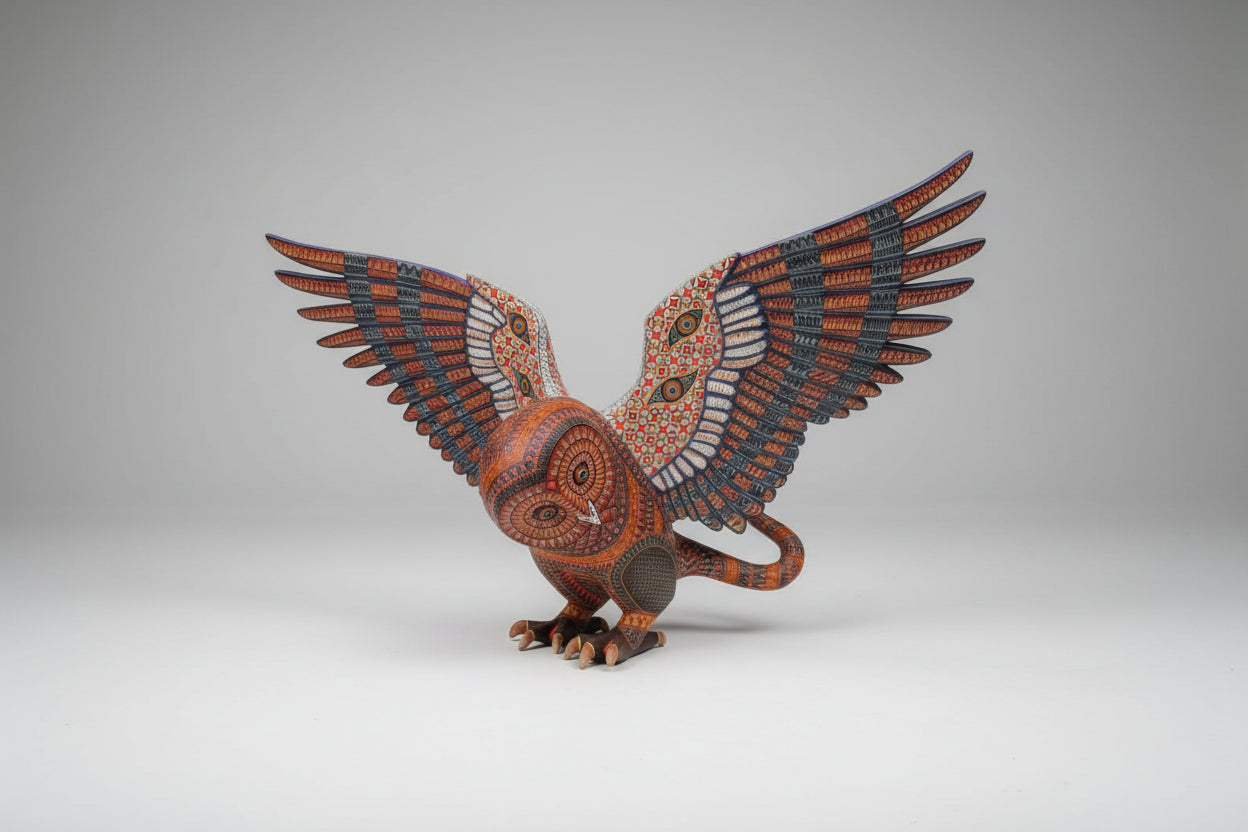 Hand-carved Oaxacan alebrije owl figurine, stunning Mexican folk art made in Oaxaca Mexico