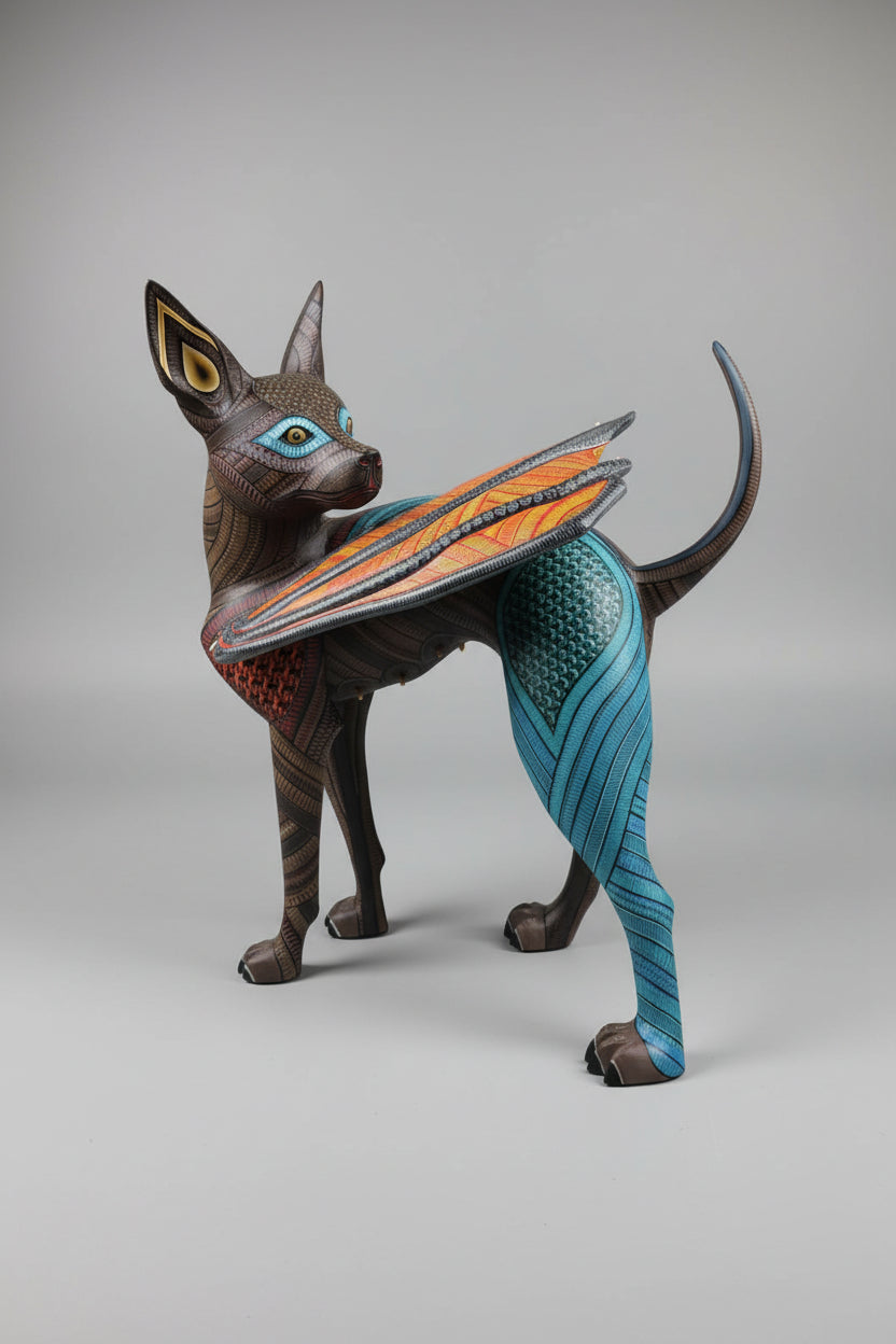 Hand-carved Oaxacan alebrije winged dog figurine, fantastical Mexican folk art from Oaxaca
