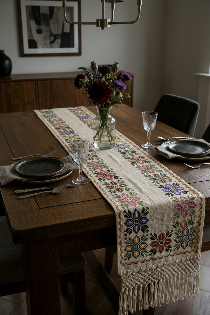 Iris handwoven Mexican wool table runner styled on a dining table — Casa Maria