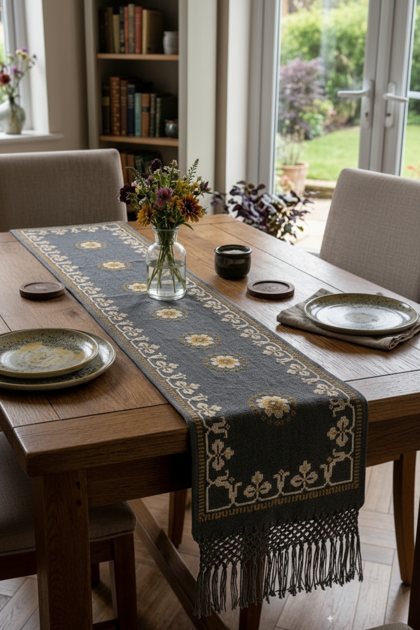 Kala handwoven Mexican wool table runner styled on a dining table — Casa Maria