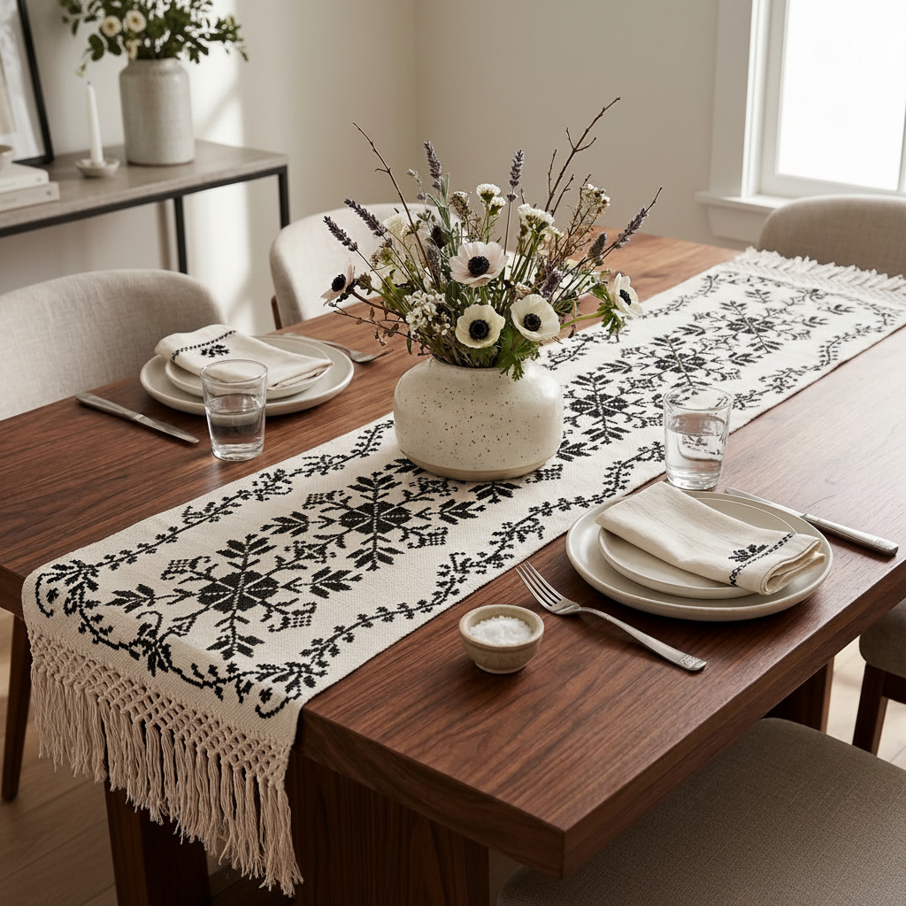 Leila handwoven Mexican wool table runner styled on a dining table — Casa Maria