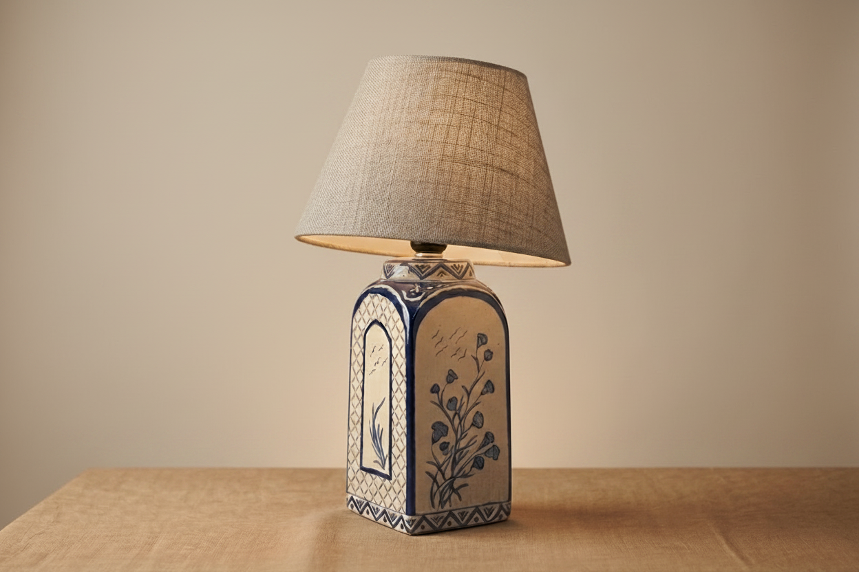 The Meadow square Talavera lamp with bold hand-painted decoration, handmade in Puebla Mexico