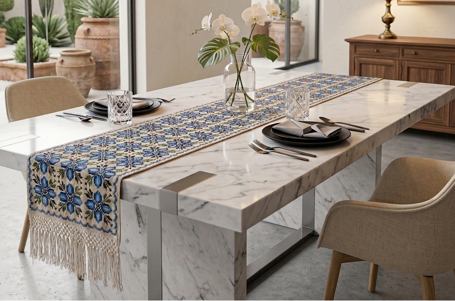 Nila handwoven Mexican wool table runner styled on a dining table — Casa Maria