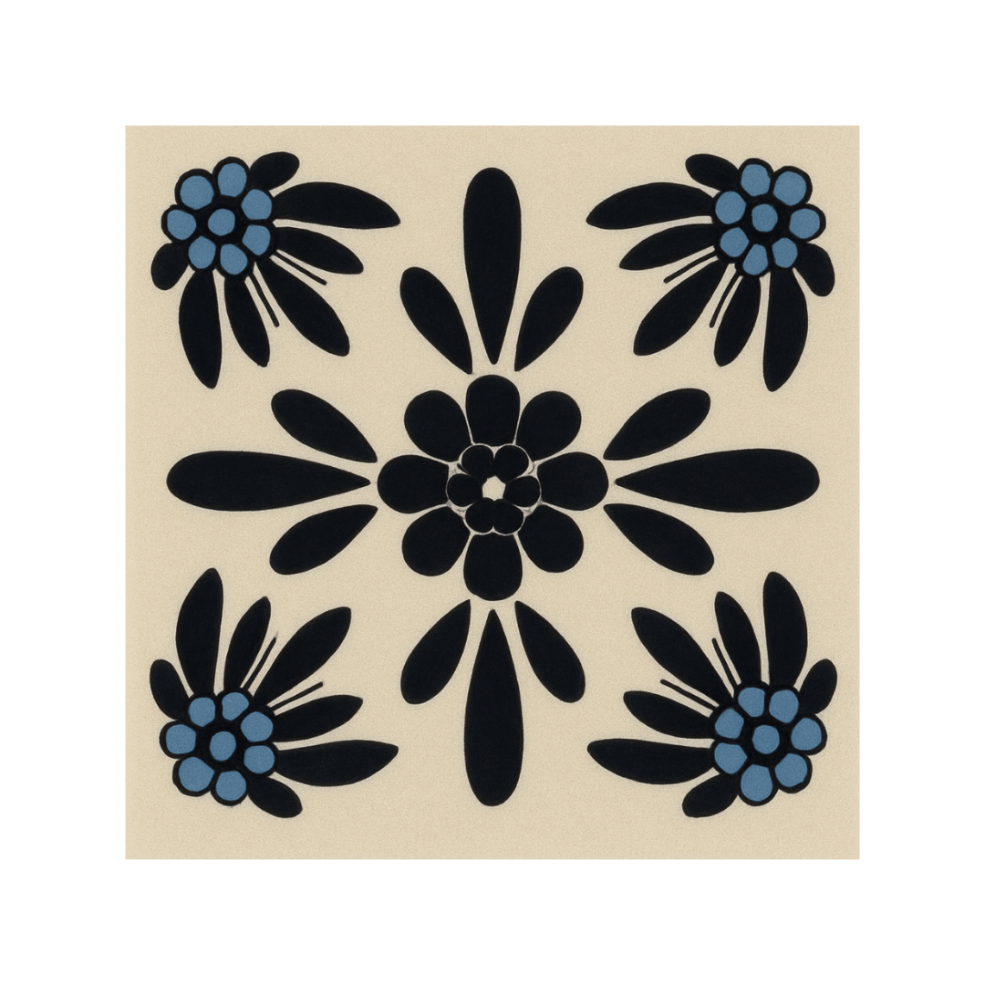 Nordic Navy modern hand painted Talavera tile with dusty blue floral centres, Puebla Mexico