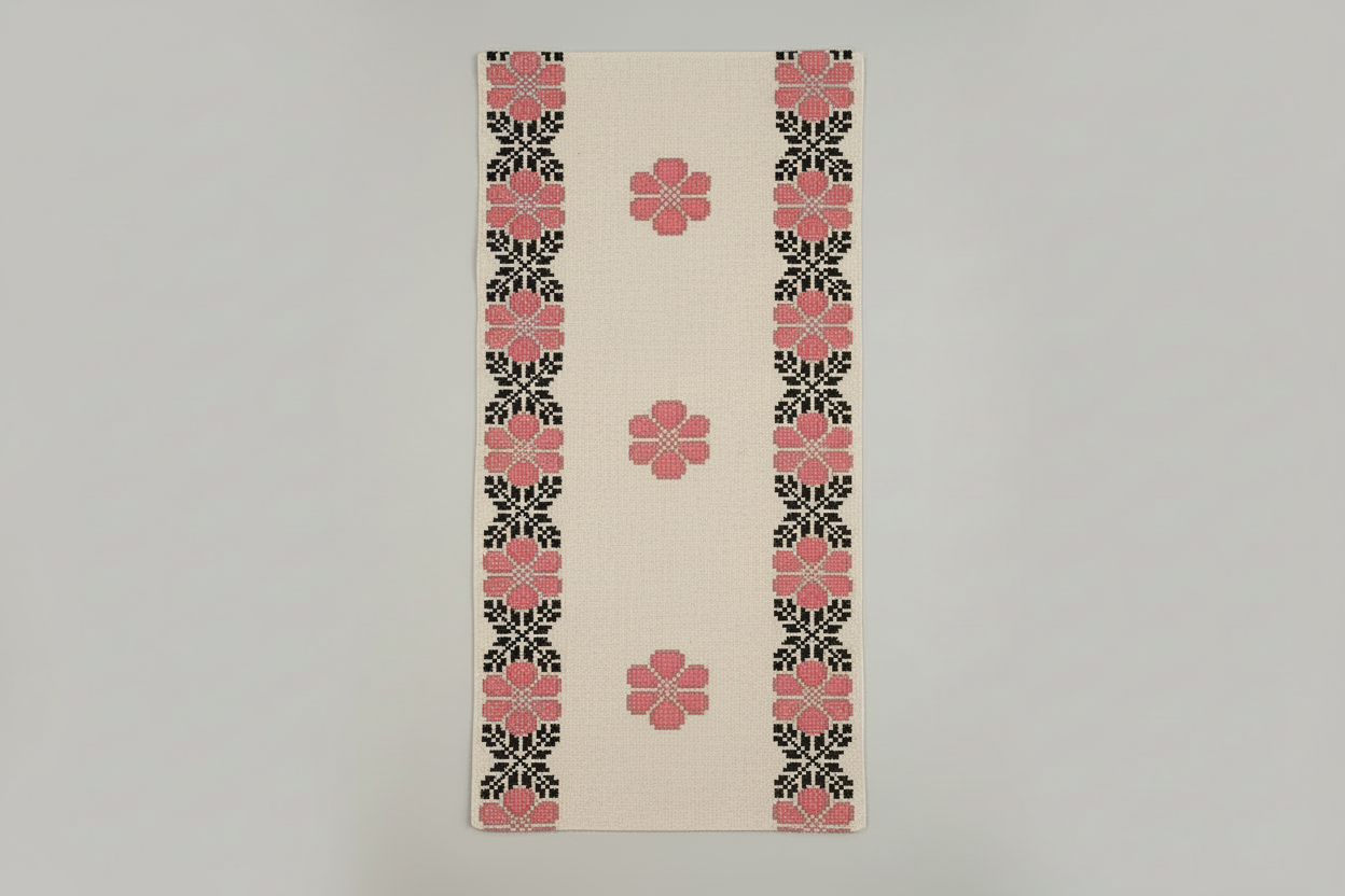 Camelia handwoven Mexican wool table runner in warm rosy tones, artisan made in Mexico