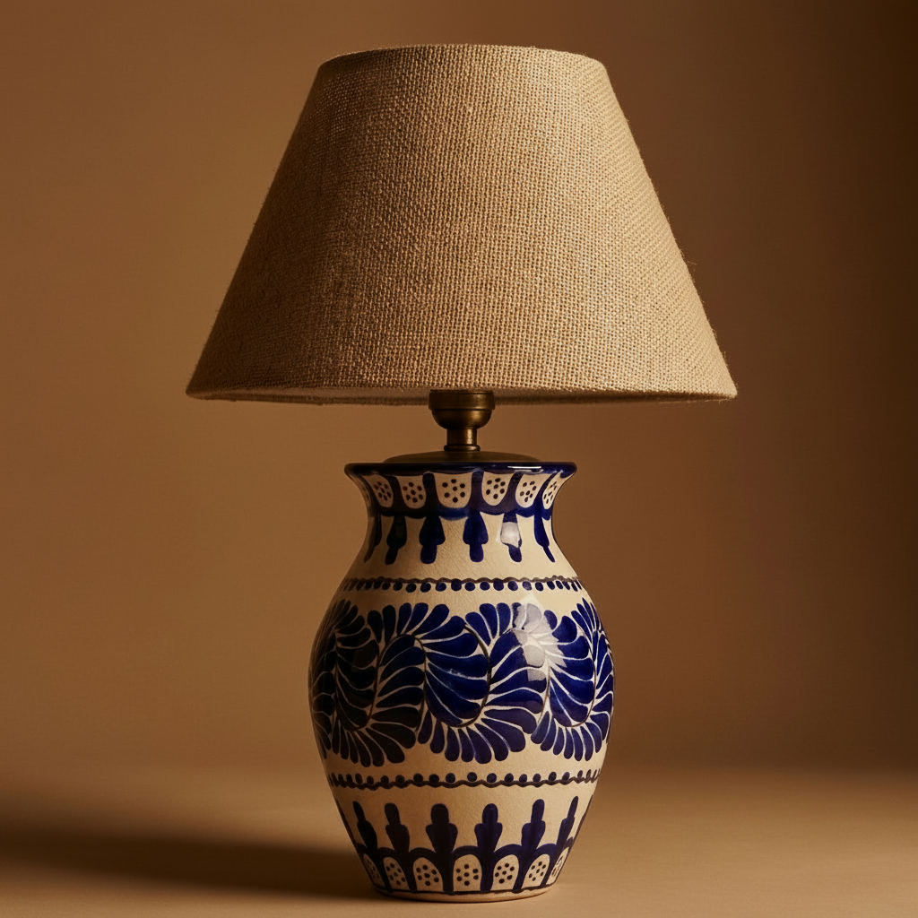 The Plume elongated Talavera lamp with botanical motifs, handmade in Puebla Mexico