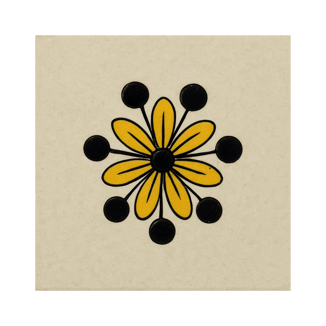 Retro Gold contemporary hand painted Talavera tile with stem and bud motif, made in Puebla Mexico
