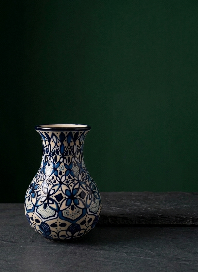 Ceramic vase with blue and white pattern on a dark surface and green background