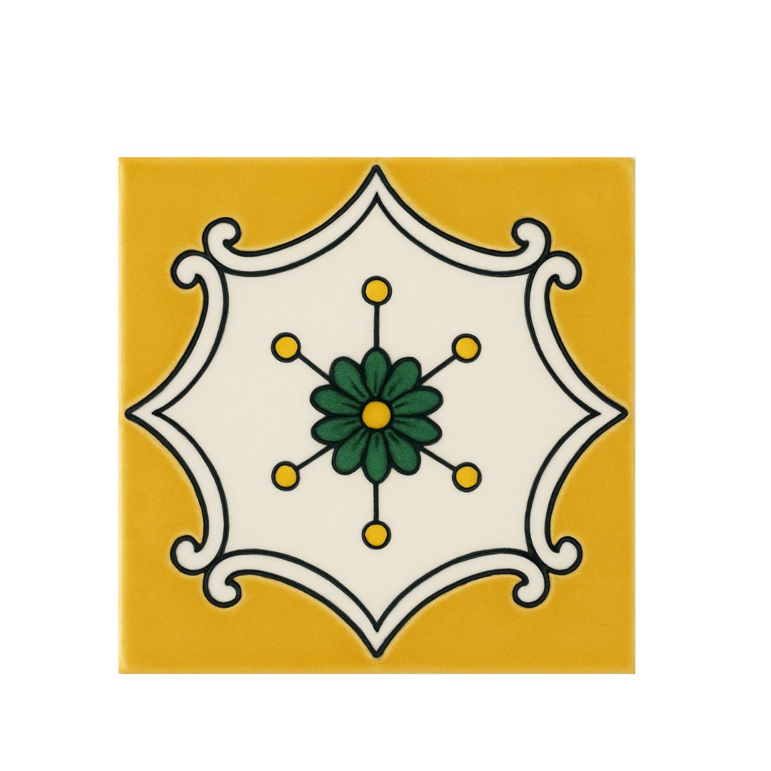Royal Saffron hand painted Talavera tile with yellow border and scroll corners, Puebla Mexico