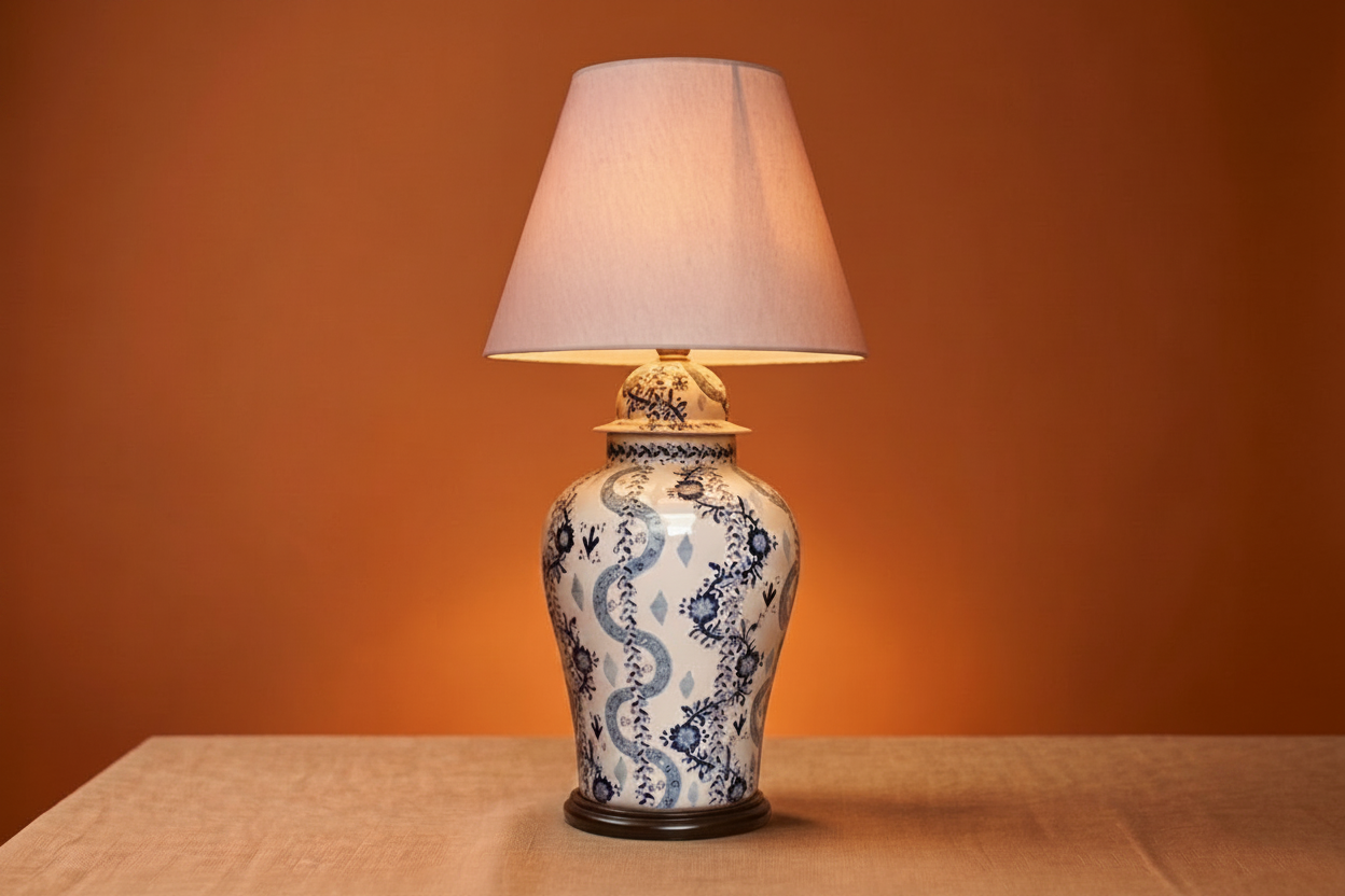 The Serpentine white Talavera lamp with hand-painted detailing, handmade in Puebla Mexico