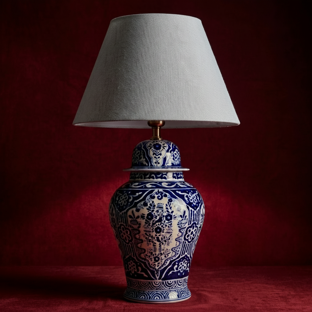 The Sovereign authentic Talavera ceramic lamp in classic blue and white, handmade in Puebla Mexico