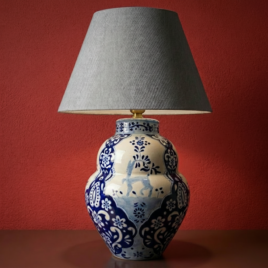 The Stag round belly Talavera lamp handmade in Puebla Mexico by licensed artisans