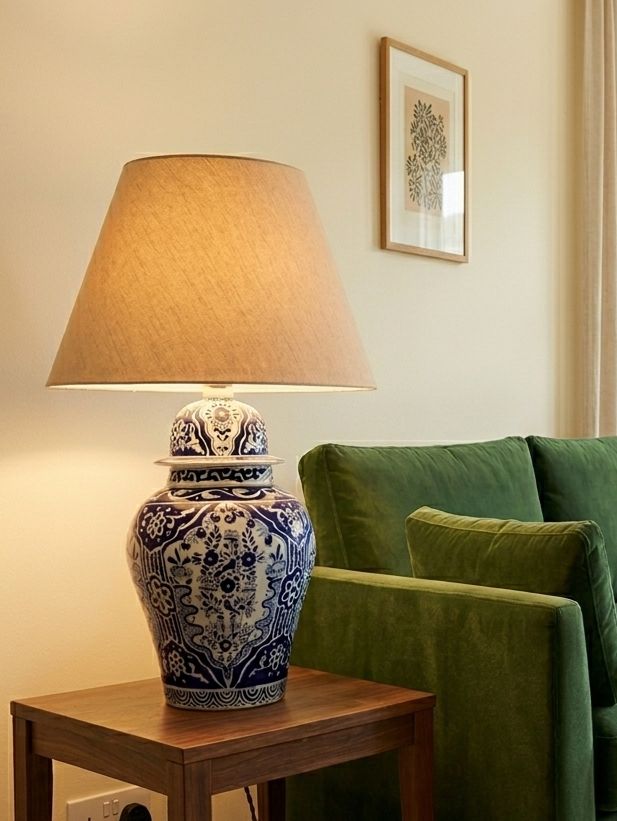Tibor authentic Talavera ceramic lamp in classic blue and white, handmade in Puebla Mexico