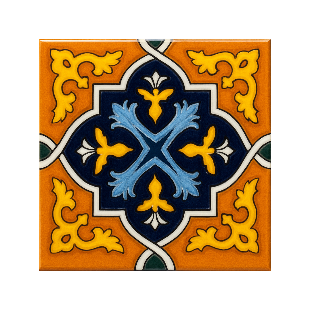 Valencia Ochre hand painted Talavera tile in earthy yellow-orange palette, made in Puebla Mexico