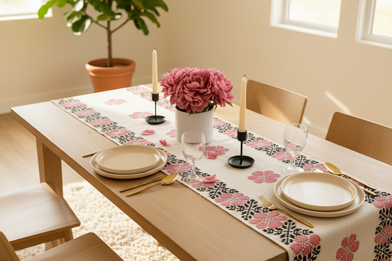 Camelia handwoven Mexican wool table runner in warm rosy tones, artisan made in Mexico