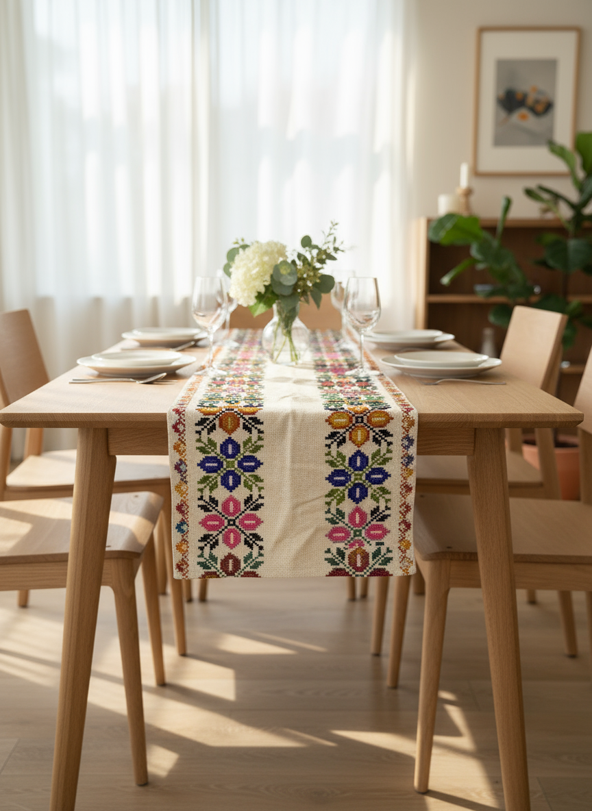 Iris handwoven Mexican wool table runner in earthy tones, made by artisans in Mexico