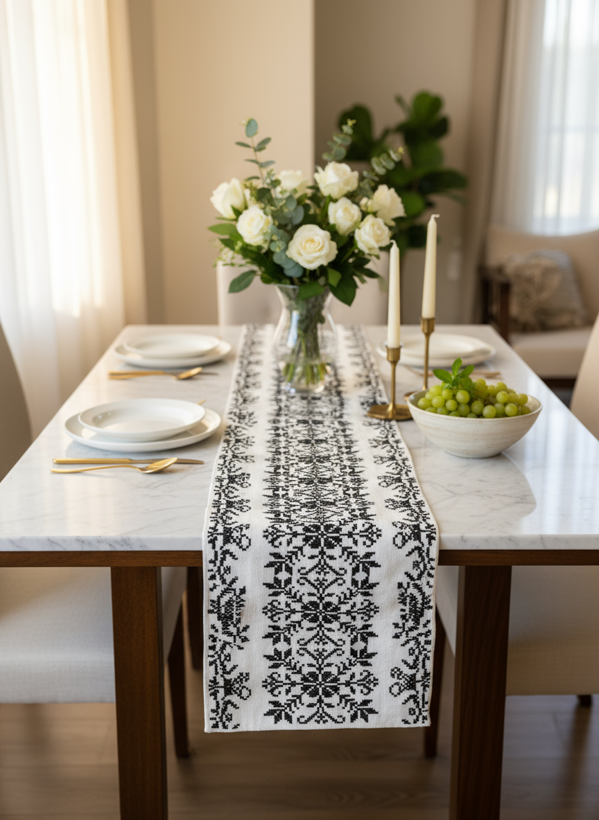Leila handwoven Mexican wool table runner with vibrant geometric pattern, made in Mexico