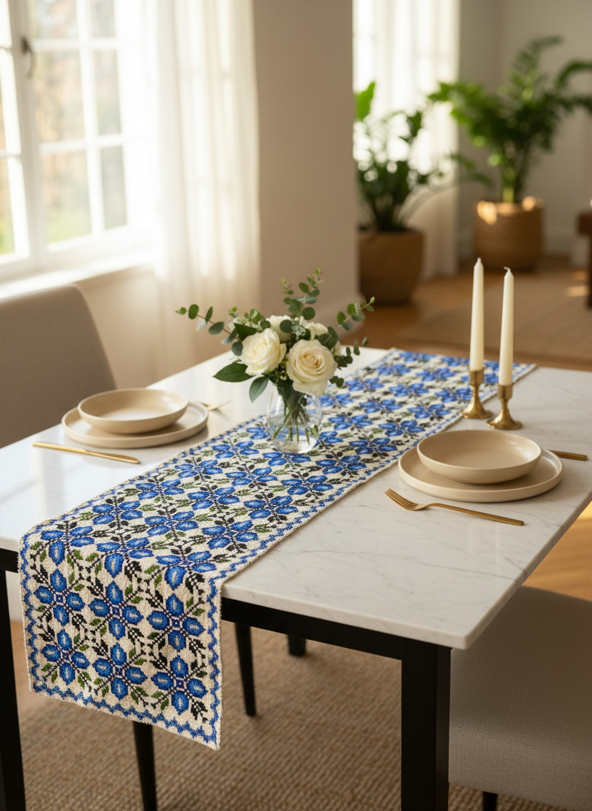 Nila handwoven Mexican wool table runner in refined tonal palette, artisan made in Mexico