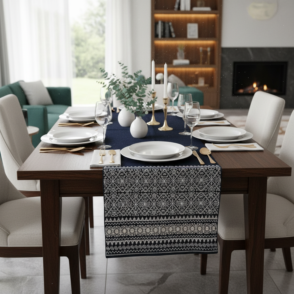 Porter premium handwoven Mexican wool table runner in deep navy, made by artisans in Mexico